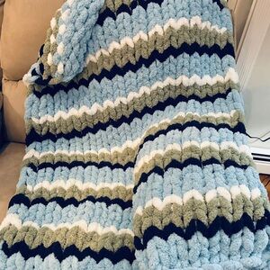Handmade! Plush Chevron Knit Throw Blanket - Blue, Green, Navy, White